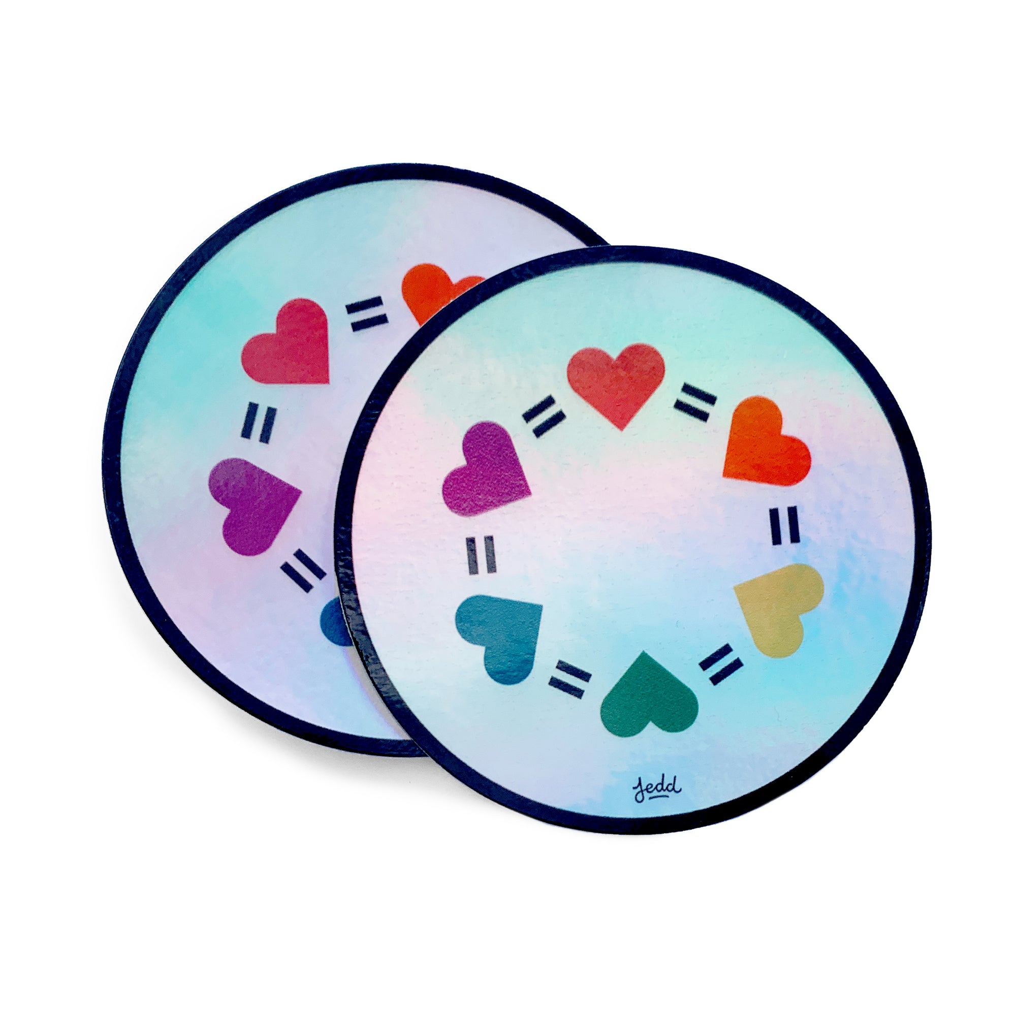 Two holographic stickers with a design that has hearts and equal signs
